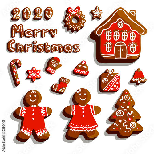 Vector illustration of christmas gingerbread cookies on a white background.