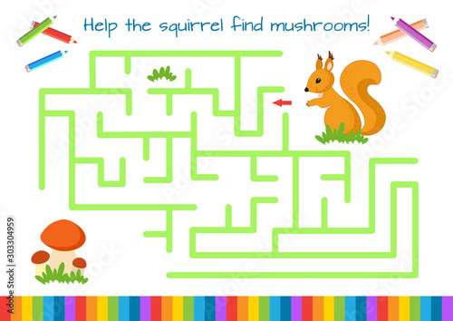 Help the little squirrel find mushrooms. Educational game for children. Cartoon vector illustration. Maze.