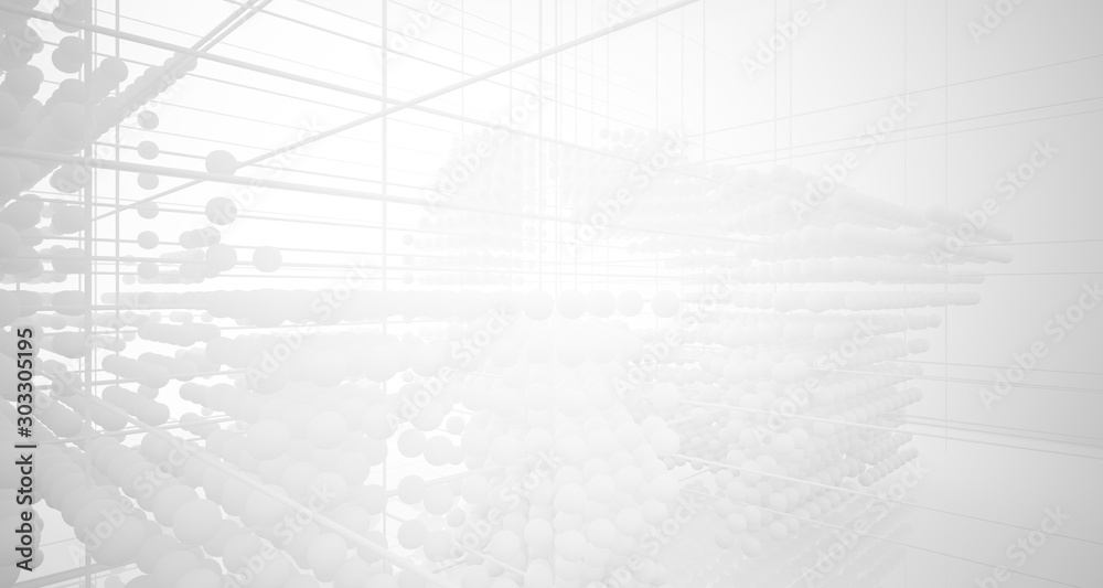 Obraz premium Abstract white architectural interior from an array of spheres with large windows. 3D illustration and rendering.