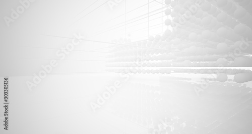 Abstract white architectural interior from an array of spheres with large windows. 3D illustration and rendering.