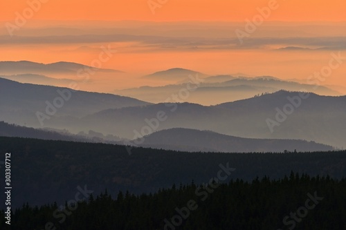 Beautiful landscape and sunset in the mountains. Hills in clouds. Jeseniky - Czech Republic - Europe. © montypeter
