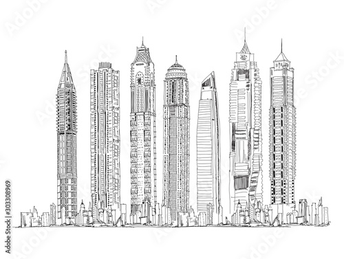 Illustration of the Dubai skyline  Skyscrapers of the Dubai Marina Sketch collection
