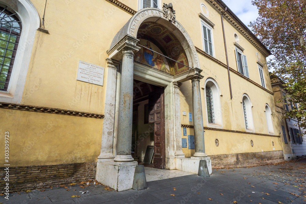 Entrance to the monumental complex of Sant'Agnese fuori le mura on via Nomentana, Trieste district, Rome, Italy