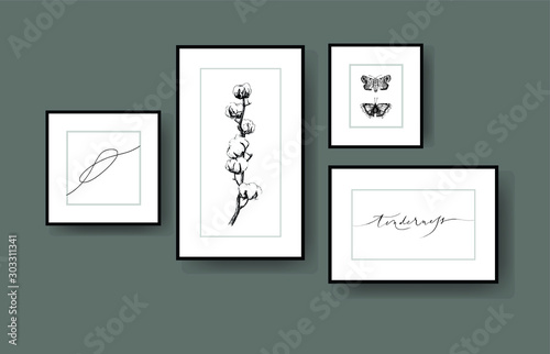 Design interior wall art.  Monochrome Print Abstract Digital Painting Scandinavian Style. Contemporary poster Vector Illustration. Hand drawn graphic and lettering.  Cotton branch living room. 