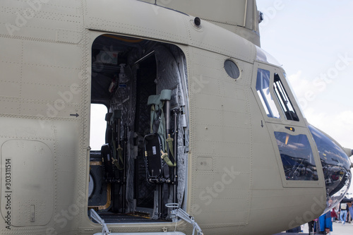 Closeup of the military helicopter cabin.