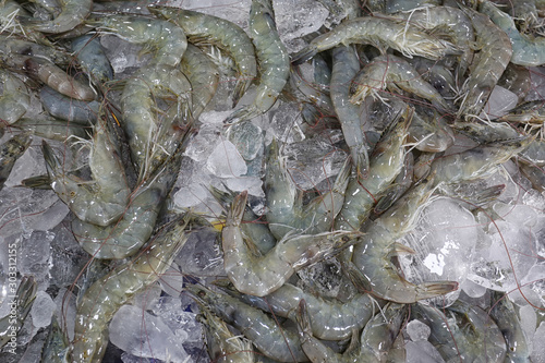Pile of fresh White Leg sea shrimp sold in the supermarket. photo