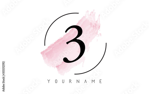Number 3 Watercolor Stroke Logo Design with Circular Brush Pattern.
