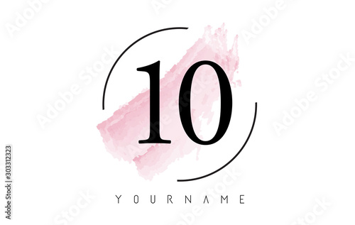 Number 10 Watercolor Stroke Logo Design with Circular Brush Pattern.