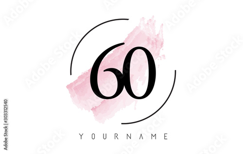 Number 60 Watercolor Stroke Logo Design with Circular Brush Pattern.