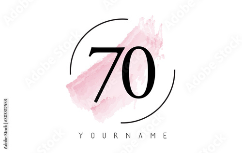 Number 70 Watercolor Stroke Logo Design with Circular Brush Pattern.