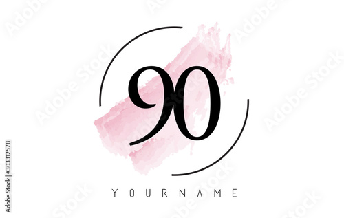 Number 90 Watercolor Stroke Logo Design with Circular Brush Pattern.