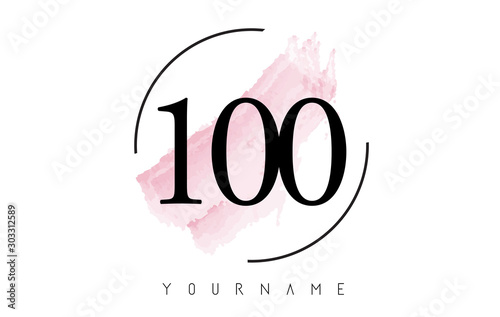 Number 100 Watercolor Stroke Logo Design with Circular Brush Pattern.