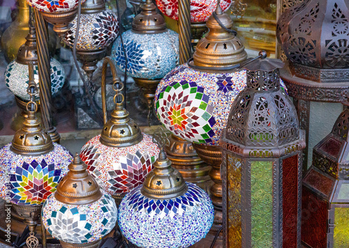 Arabian style decorative glass lamps in souvenir shop, Muscat, Oman.