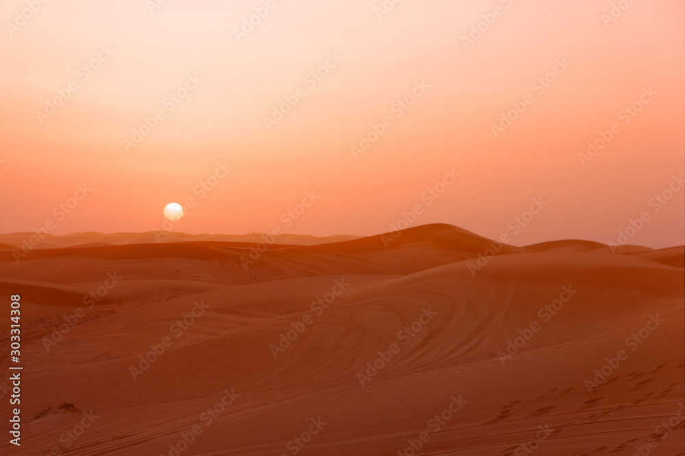 Sand desert sunset landscape view, picturesque landscape with sun, UAE.