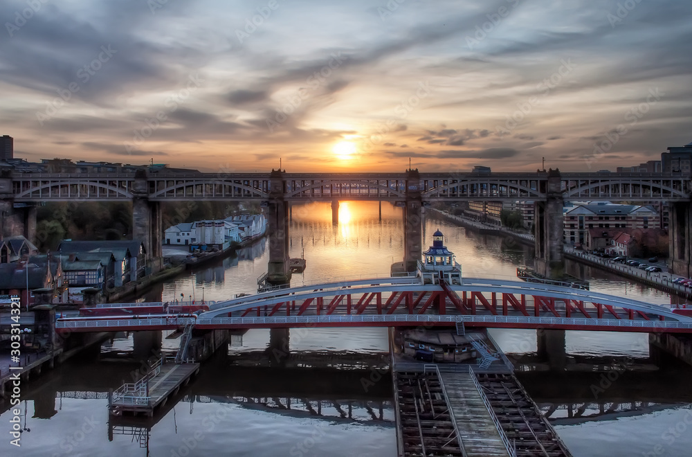 High Level Bridge on River Tyne at Sunset and Dusk, Newcastle, UK