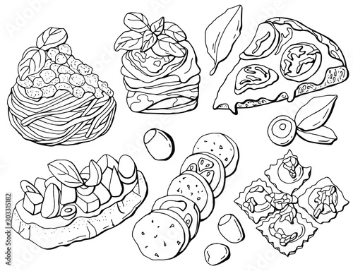 black and white, national Italian dishes, pizza, ravioli, bruschetta, parmesan, caprese, spaghetti