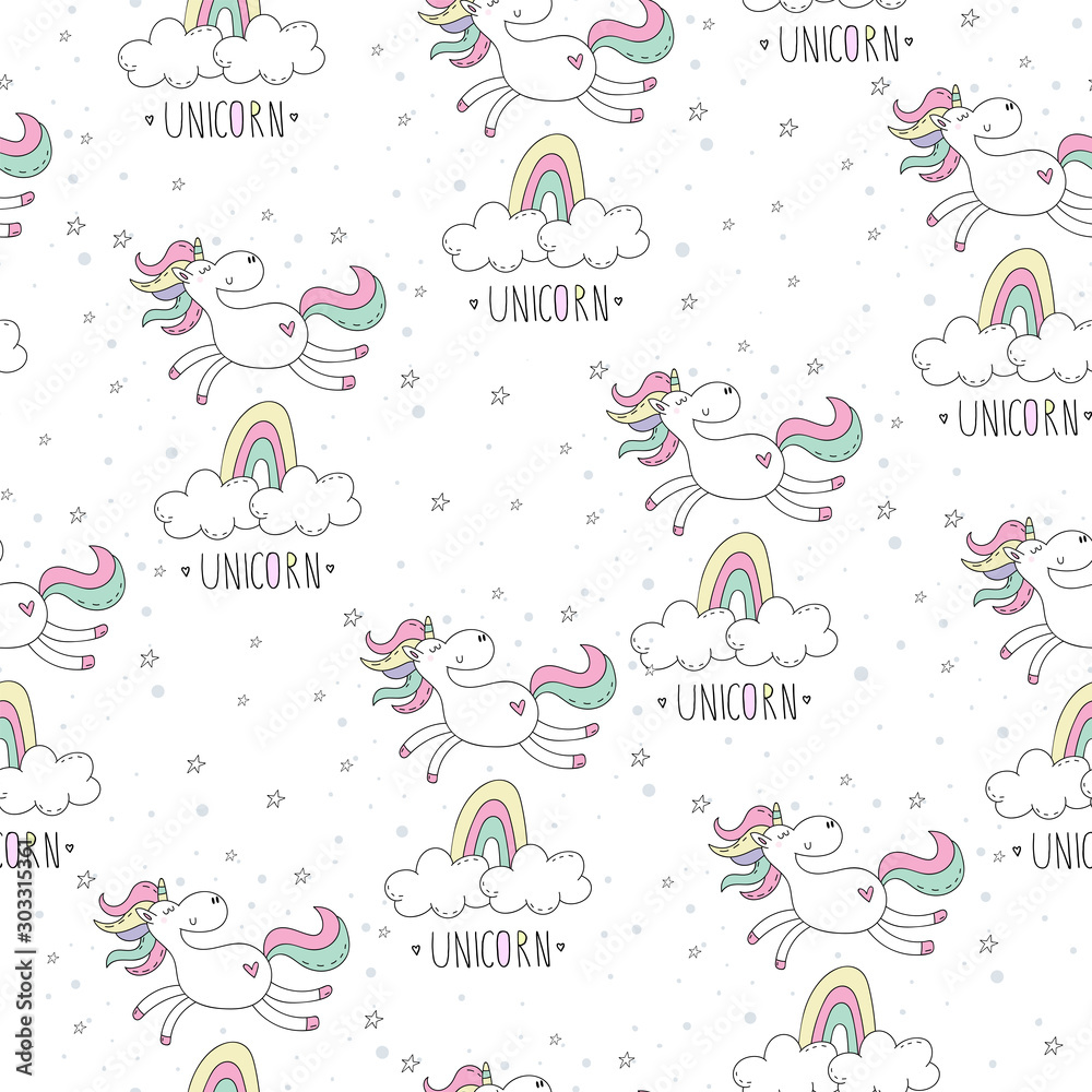 Cute hand drawn unicorn vector pattern. vector illustration. Unicorn and magic. Cute seamless pattern. print for kids