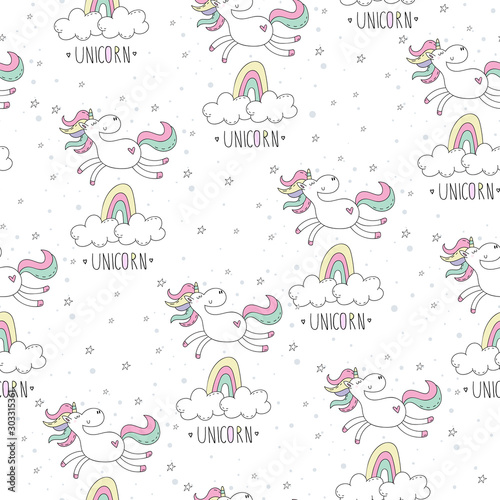 Cute hand drawn unicorn vector pattern. vector illustration. Unicorn and magic. Cute seamless pattern. print for kids