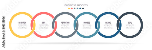Business infographics. Timeline with 6 steps, options, circles. Vector template.