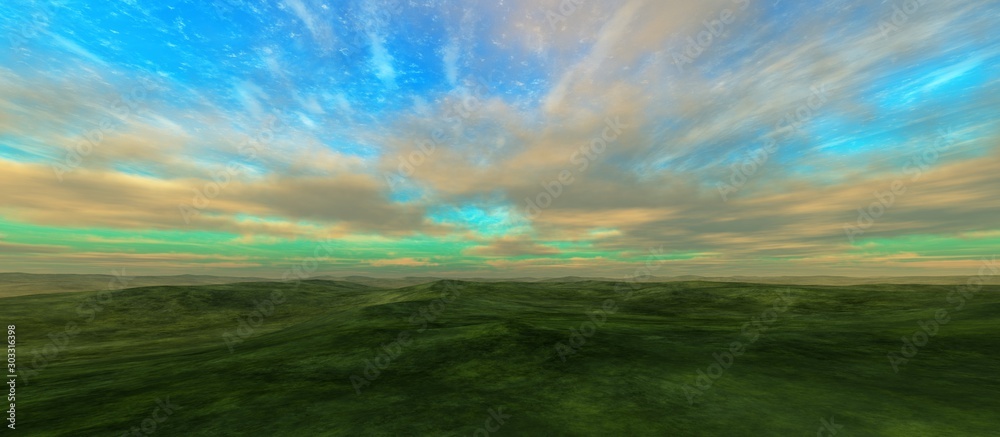 Green hills under the sky with clouds, Green hills under the sky with clouds,
