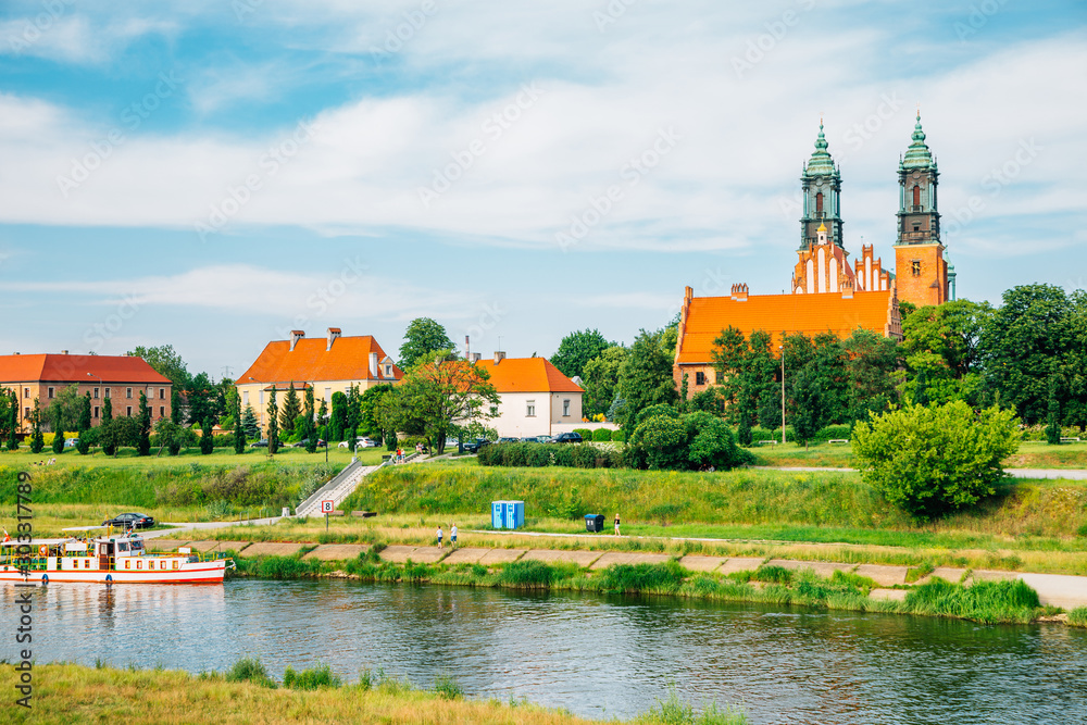 Poznan cathedral and river at Ostrow Tumski in Poland - obrazy, fototapety, plakaty 