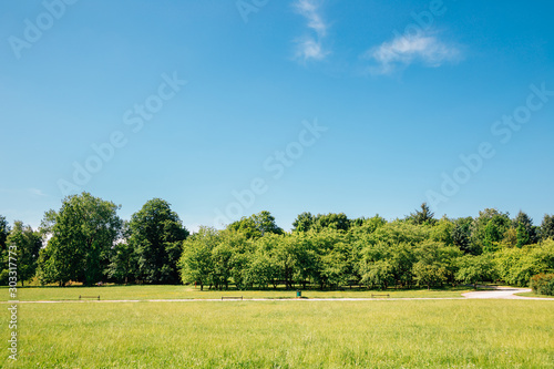 Cytadela Park, green field with blue sky in Poznan, Poland