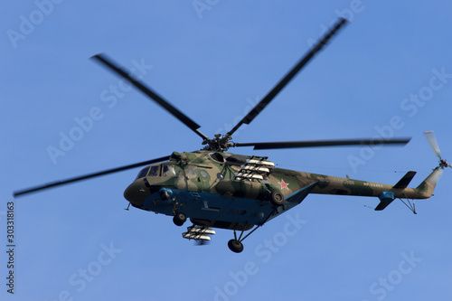 Vladivostok, Russia - September,18,2018: The Russian military transport and assault helicopter Mi-8 AMTSH "Terminator" at the army exercises.