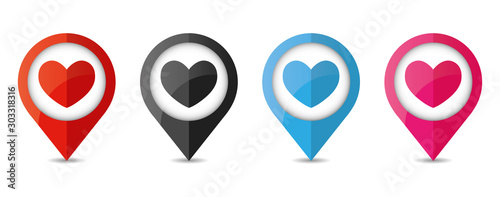 Set of map location pointer with hearts icon. Heart icon isolated on white background. Eps 10