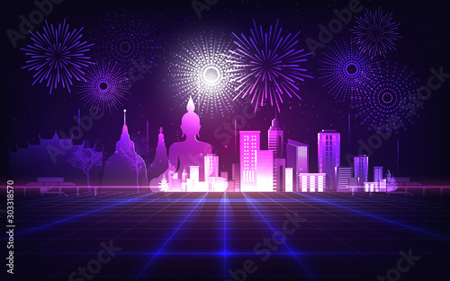 Abstract background with purple neon grids city silhouette temple and buddha statue in vintage style.Can be used for workflow layout, diagram, web design, banner template. Vector illustration