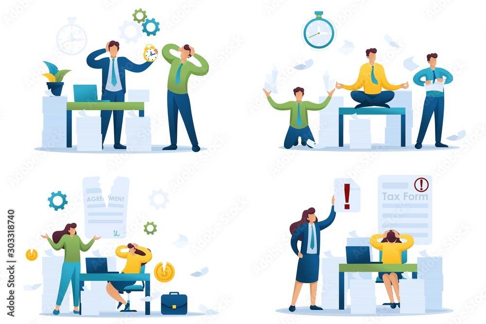 Set Flat 2D concepts Time of tax payments, Completing the tax form, Stressful situation, Contract cancellation. For Concept for web design Set Flat 2D concepts Time of tax payments, Completing the tax form, Stressful situation, Contract cancellation. For Concept for web design