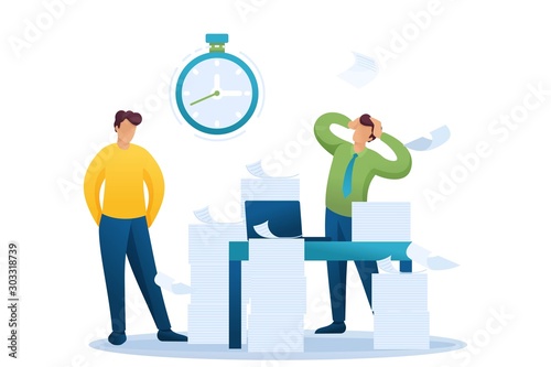 Stressful situation of the office, Deadline for submission of report, company's employees in shock. Flat 2D character. Concept for web design