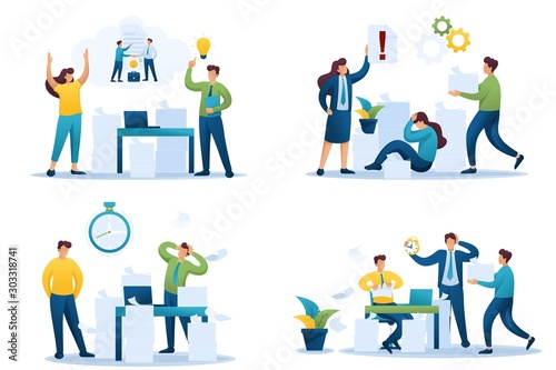 Set Flat 2D concepts Problem solution, Document Handling, Depression at work, Deadline, Contract cancellation. For Concept for web design
