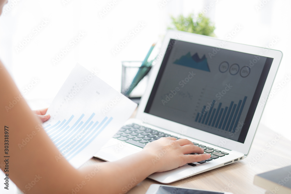 Beautiful young asian woman working laptop computer, businesswoman looking graph diagram analysis statistic data with excited and success, girl using notebook, business concept. Beautiful young asian woman working laptop computer, businesswoman looking graph diagram analysis statistic data with excited and success, girl using notebook, business concept.