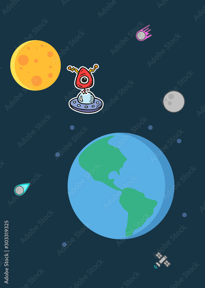 Naklejka premium Funny red alien flying to the earth