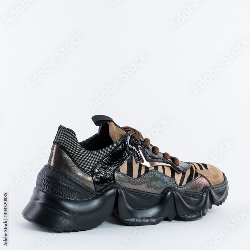 Fashionable Black Leather Womens Zebra Print Sneakers. original sole