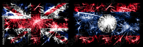 Great Britain, United Kingdom vs Laos New Year celebration travel sparkling fireworks flags concept background. Combination of two abstract states flags. photo