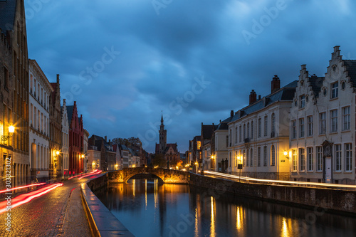Night cityscape of Bruges, Belgium