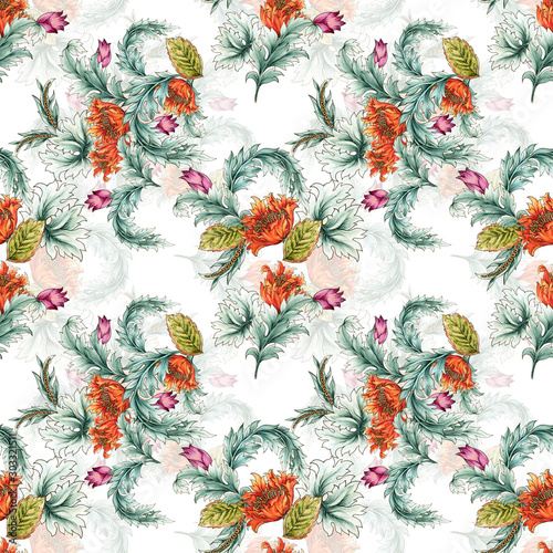 Seamless pattern with abstract fantasy Tulips lflowers and leaves western style Paisley or Damask jacobean  Watercolor Gouache photo