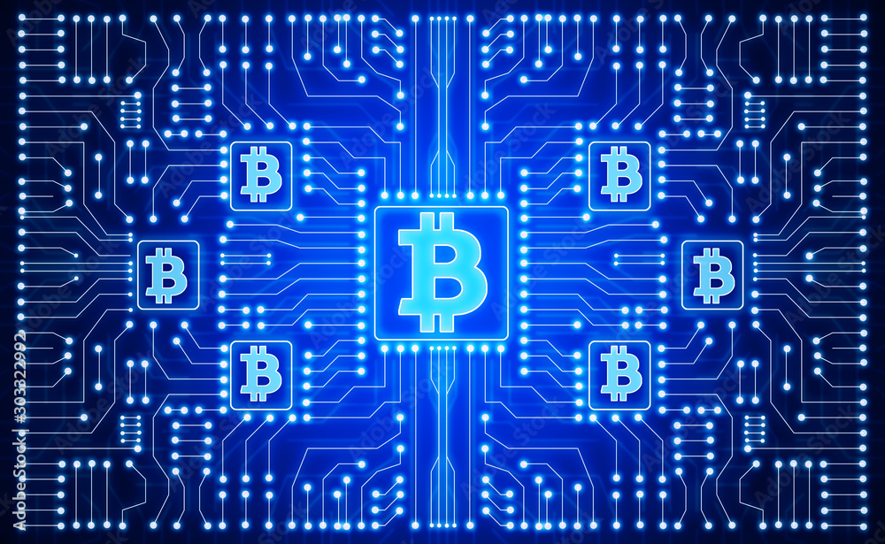 Obraz premium Glowing blue bitcoin background