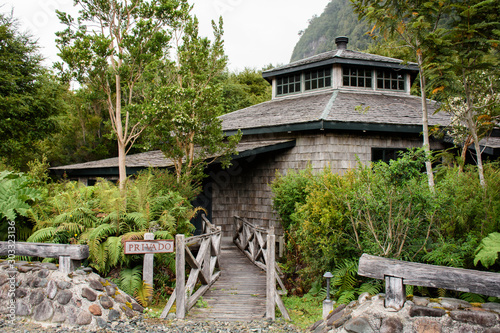 Old wooden coffee shop in the mountains in Caleta Gonzalo, Pumalin Park, Chaiten, Patagonia, Chile