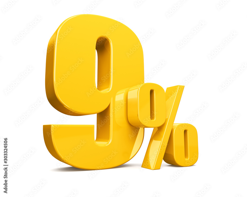 3d render illustration. Yellow nine percent on a white background. 3d render illustration. Yellow nine percent on a white background.