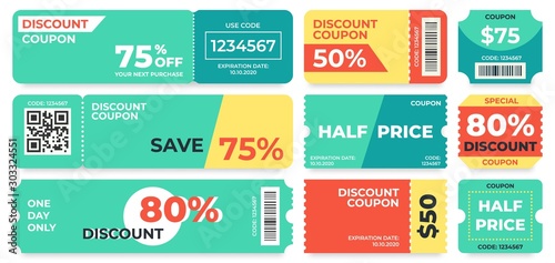 Discount coupon. Half price offer, promo code gift voucher and coupons template. Premium special price offers sale coupon or best promo retail pricing vouchers. Isolated vector icons set
