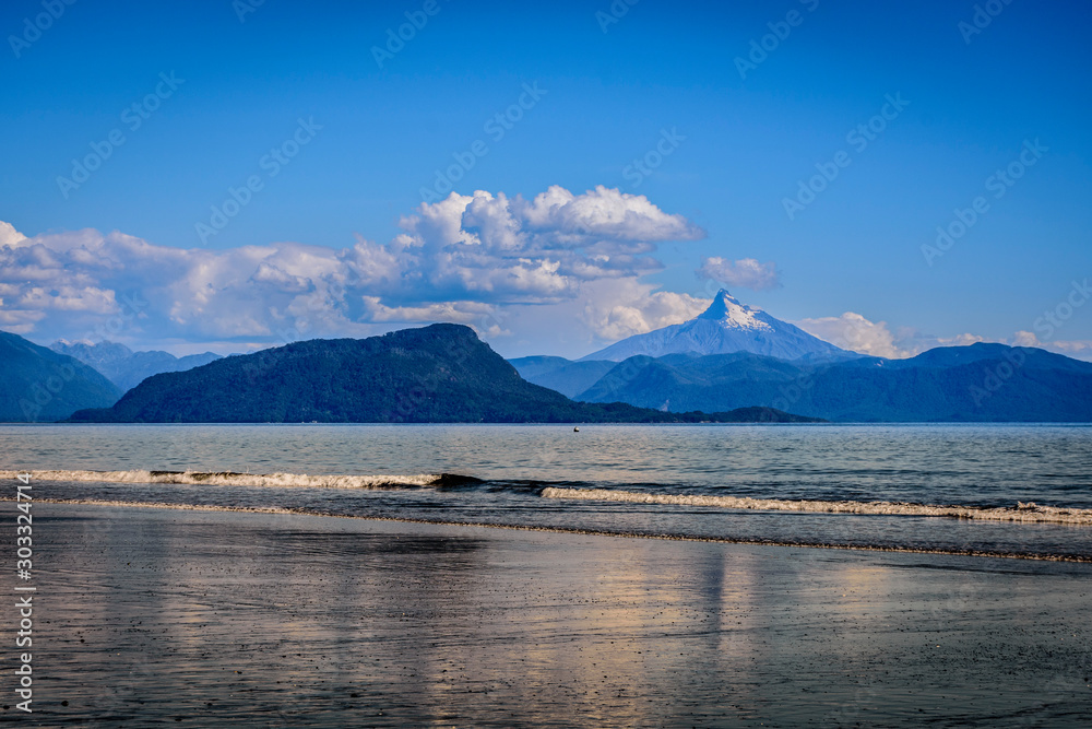 Landscape view of Corcovado volcano seen from Santa Barbarba beach in Chaitén, Patagonia, Chile