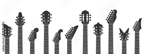 Guitar headstocks. Guitars necks, rock music and guitar peghead with tuning pegs. Acoustic and electric guitar neck silhouette isolated vector illustration