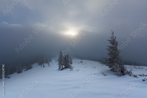 Winter landscape with the sunrise in the Ukrainian Carpathian Mountains, with fogs and beautiful colors. © reme80