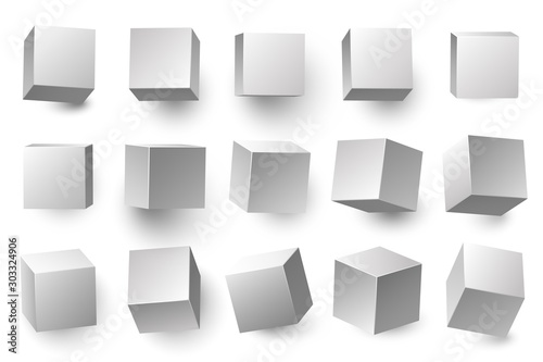 Realistic 3D white cubes. Minimal cube shape with different perspective, geometric box shapes. Medical packing, gift wrapping boxes or cube container. Isolated vector illustration symbols set