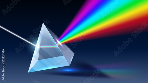 Realistic prism. Light dispersion, rainbow spectrum and optical effect. Physics optics ray refractions, pyramid prism reflecting realistic 3D vector illustration photo
