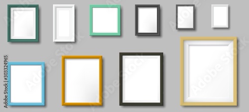 Realistic photo frame. Square and rectangular frames, photos on wall template. Photo border, photography portrait frame colorful signs. Isolated 3D realistic vector icons set