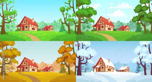 Cartoon house in woods. Forest village four seasons landscapes. Spring, summer, autumn and winter trees. Forests house landscape, rural home or wood village cottage vector illustration