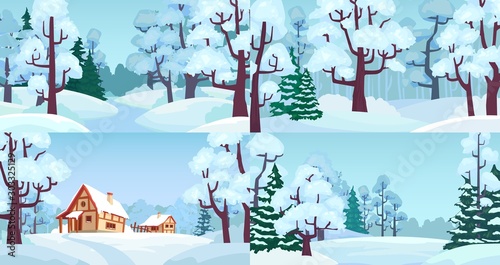 Cartoon winter forest landscapes. Village in woods with snow caps on houses, snowed field and winter trees. Snowy winter christmas countryside house, Xmas greeting card vector illustration set